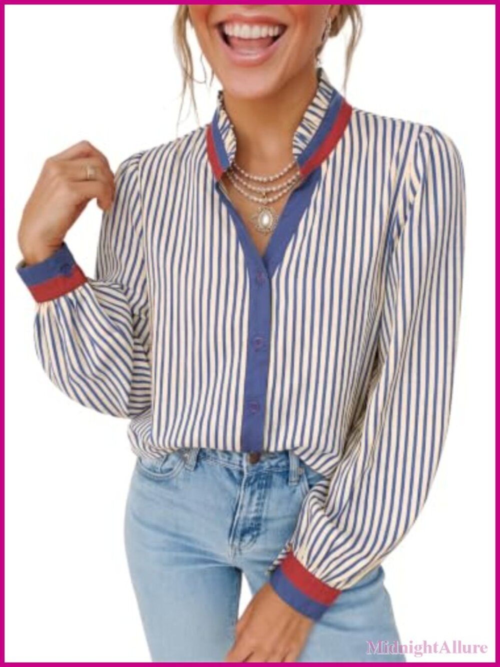 Women's Striped Button Down Shirt Long Sleeve V-Neck Cotton Blouse
